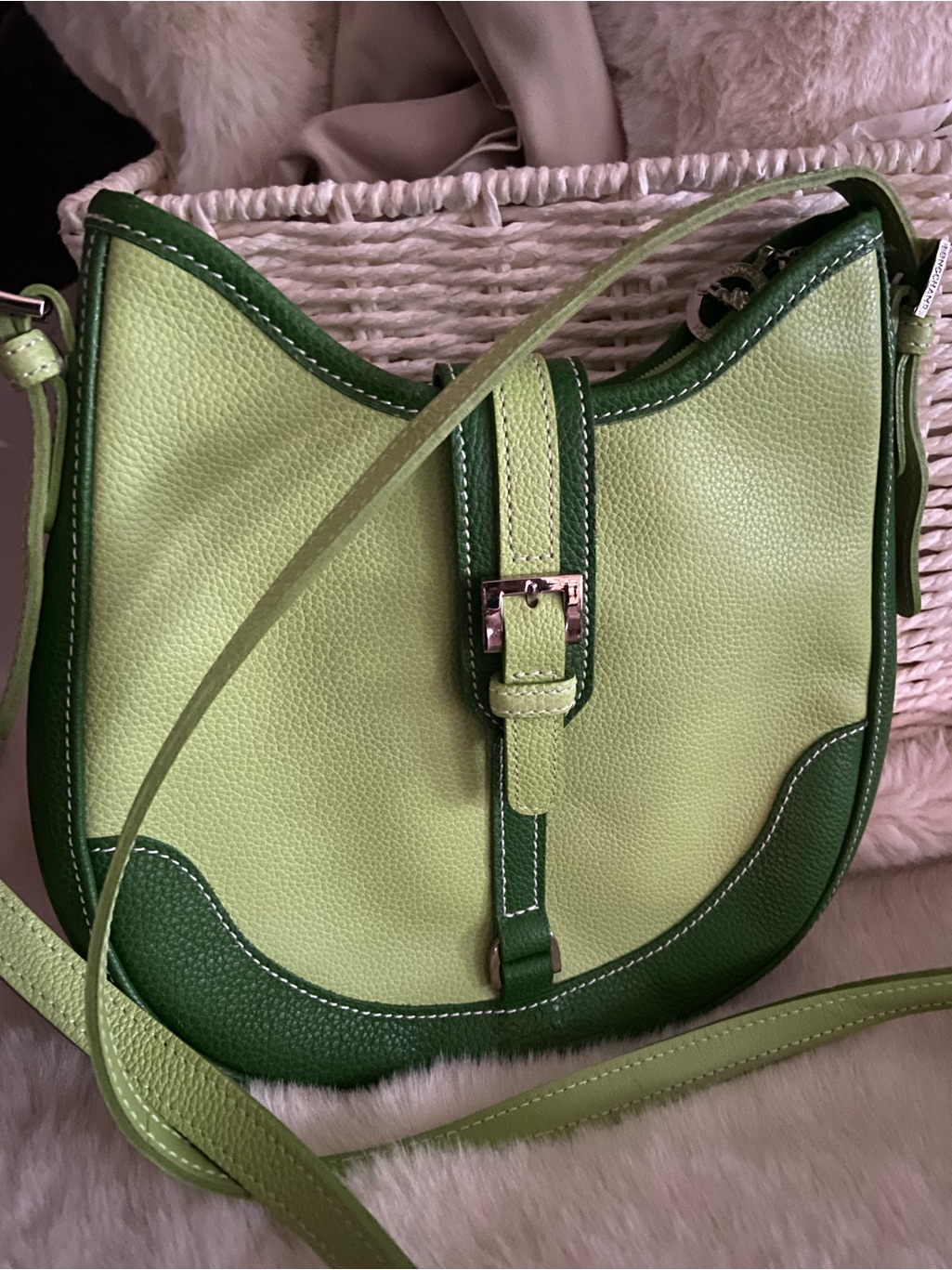 Longchamp Vintage Green Two-Tone Leather Crossbody Saddle Bag